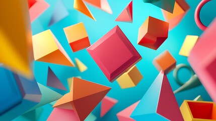 A mesmerizing, futuristic artwork featuring vibrant, floating geometric shapes in a stunning 3D abstract render. Perfect for adding a dynamic touch to any design project. - obrazy, fototapety, plakaty