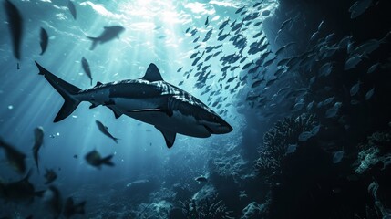 majestic shark swimming amidst a school of fish under the ocean’s surface, illuminated by sunlight rays