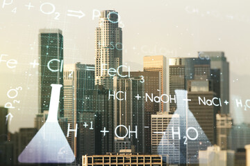 Creative chemistry hologram on Los Angeles office buildings background, pharmaceutical research concept. Multiexposure