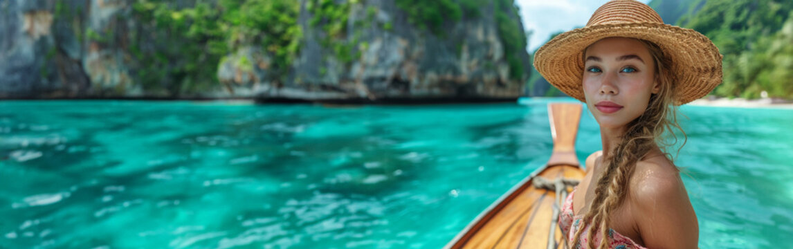 Generative AI image of A woman with straw hat on a boat outside an island resort in southern thailand