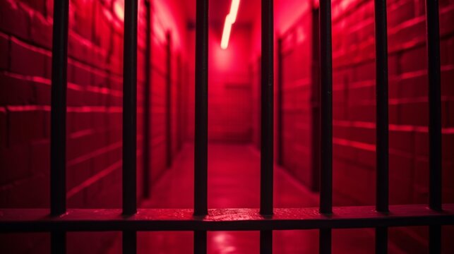 Old prison rusted metal bars cell lock isolated on red background. Jail bars.