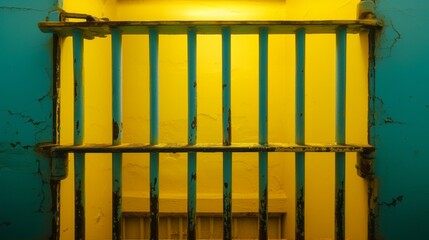 Old prison rusted metal bars cell lock isolated on yellow background. Jail bars.