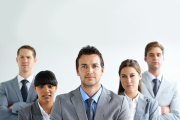 Team leader, management and professional portrait people, group or company consultant for law firm support. Service experience, mockup space wall and face of corporate attorney for business advisory