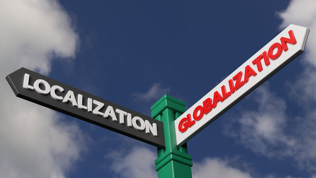 3d illustration of two direction arrows pointing in opposite directions. Illustrating concept of business localization vs globalization. .