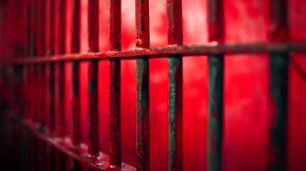 Obraz premium Old prison rusted metal bars cell lock isolated on red background. Jail bars.