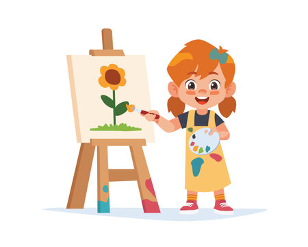 Cute little girl artist holding color palette and paintbrush painting on the canvas
