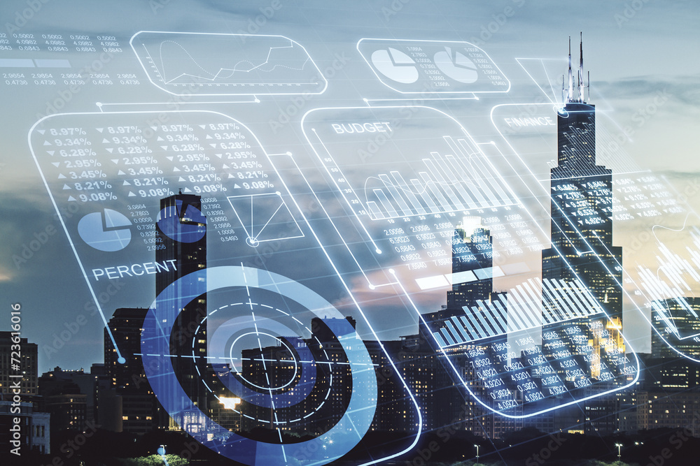 Poster double exposure of abstract virtual statistics data hologram on chicago city skyscrapers background,