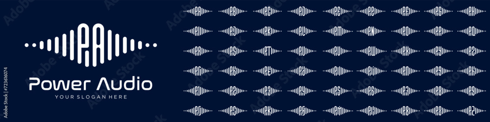 Poster logos audio combined letter p with letters from a to z and numbers from 1 to 9. vector illustration