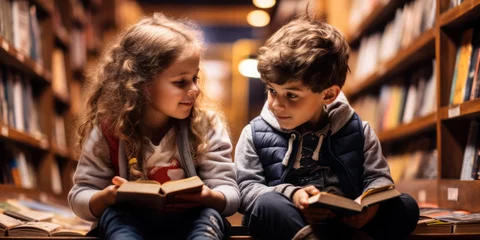 Fotobehang Two children lost in the world of books: a young boy and girl sitting on the floor, engrossed in reading at a cozy bookstore © Bartek