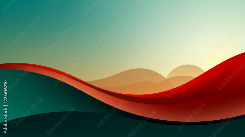 Poster abstract minimalist art of wavy red lines on green gradient background, conceptual negative space st