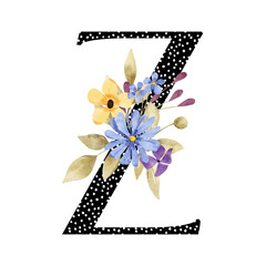 Monogram Z, letter with watercolor flowers and leaves. Floral alphabet perfectly for wedding invitations, greeting card, logo, poster and other design. Hand drawing.