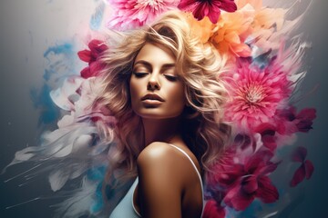 Female Model with Long Blonde Hair Posing with Flowers - obrazy, fototapety, plakaty