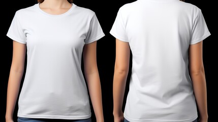 A woman or girl is wearing a white t-shirt with half sleeves, both on the front and back sides.