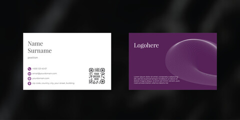 Creative vector business card design with purple background and lines, visiting card template, cutaway mockup, calling card ready for printing, identification card with icons for contact information