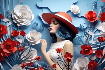 Femme Fatale in Red Hat with Flowers