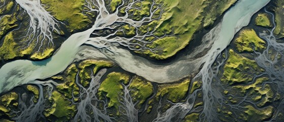 An aerial photograph capturing the intricate beauty of a glacial river delta in Iceland, with numerous meandering branches and veins, Ai Generated.