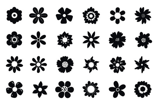 Flower icon silhouettes isolated on white background. Simple daisy flowers black silhouettes set. Flowers head symbol set