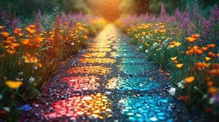 Experience the enchantment of a rain shower as it transforms a meadow's gravel path with vivid colors, Ai Generated.