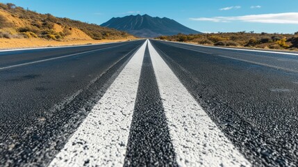 Naklejka premium road in the mountains. Highway, highway on the background of mountains. Close-up. bottom view.