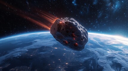 A massive asteroid blazing past Earth highlighting the fragility of our planet