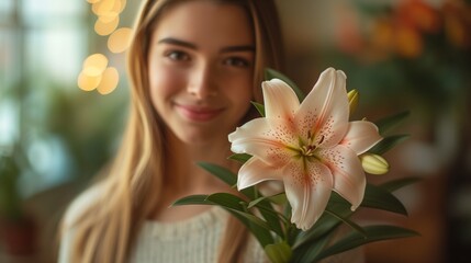 Naklejka premium Beautiful Young Woman Holding a Flower in Her Hand