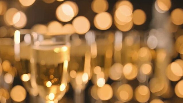 two glasses of champagne with golden bokeh background