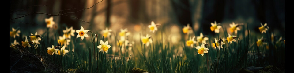 Obraz premium Mystical Daffodils with Blurred Background and Beautiful Lights - banner size