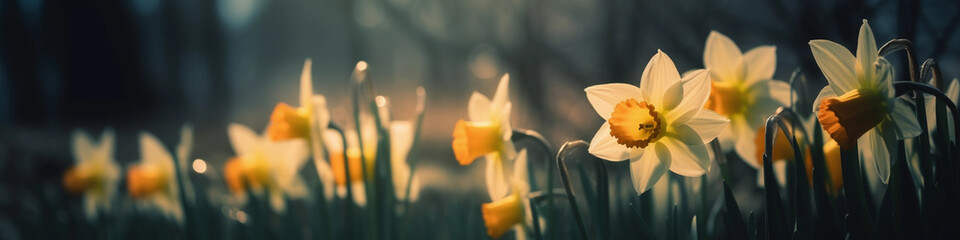 Fototapeta premium Mystical Daffodils with Blurred Background and Beautiful Lights - banner size