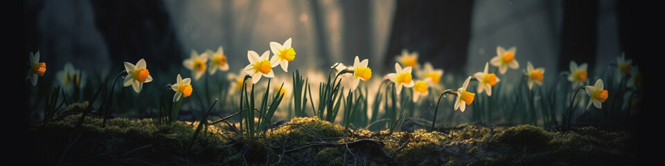 Mystical Daffodils with Blurred Background and Beautiful Lights - banner size