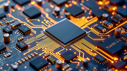 Technology Chip and Circuit Board: Computer Processor Digital Components in a Semiconductor Design