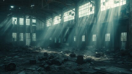 Sun rays illuminating a desolate post-apocalyptic industrial interior