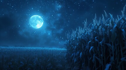 Fototapeta na wymiar A full moon illuminates a cornfield creating a magical blue night scene.