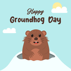 Cute groundhog crawls out of his hole. Happy Groundhog Day.  Vector template for greeting card, poster, flyer, banner.