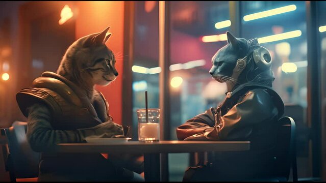 Anthropomorphic fantasy cats in cafe at night. Fantastic android kitten in cyberpunk style. Technology and future concept.