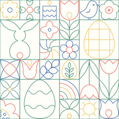 Abstract line easter geometric seamless pattern. Outline simple vector background with bunny, easter eggs, spring flowers, tilip, chick.