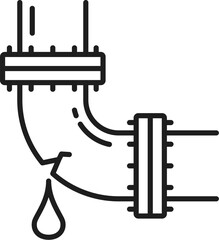 Plumbing service icon with broken sewage pipe. Plumbing maintenance outline icon or sign, sewage fixing or leaking water pipe repair thin line vector linear pictogram or symbol