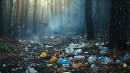 Discarded plastic litter amidst the forest environment. - obrazy, fototapety, plakaty
