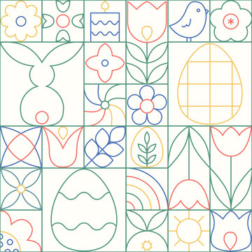 Abstract line easter geometric seamless pattern. Outline simple vector background with bunny, easter eggs, spring flowers, tilip, chick.