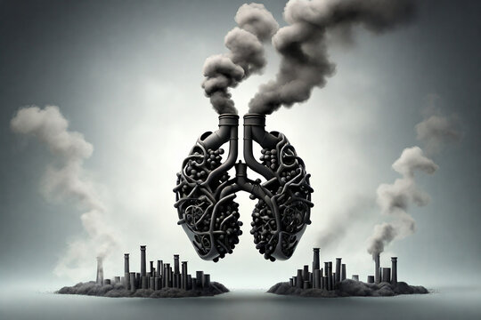 Conceptual image of a human lungs with smoke coming out of a factory chimney on a grey background. Air pollution, eco concept
