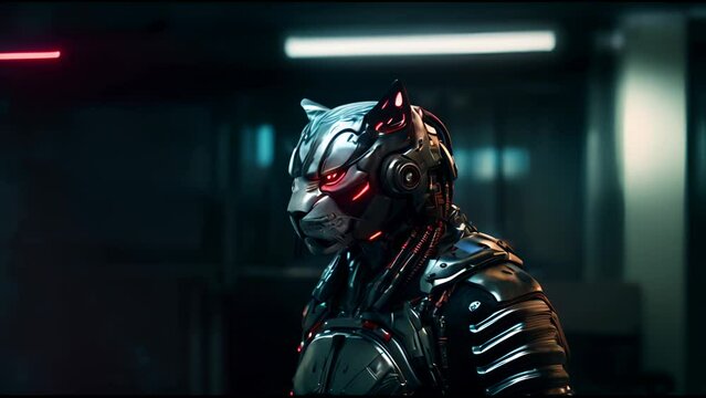 Anthropomorphic fantasy cat in cyborg armor. Fantastic android kitten in cyberpunk style. Technology and future concept.
