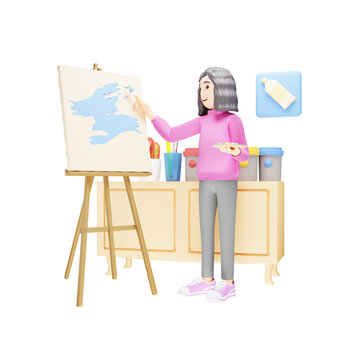Young girl is busy doing painting - 3D Character Illustration