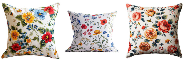 Floral Print Pillow Set Isolated on Transparent or White Background, PNG