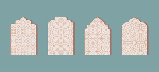 Oriental Islamic style arches, frames with elegant patterns. Minimalist ramadan kareem and eid mubarak mosque windows, door.