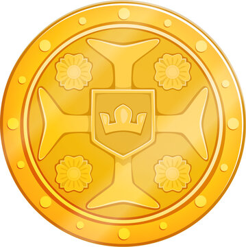Ancient golden pirate coin. Isolated cartoon vector shiny doubloon, weathered by time, bears intricate engravings of regal figures, telling tales of high-sea adventures and secrets of buried treasures