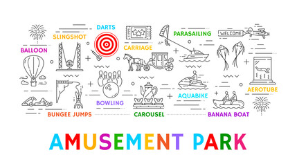 Line amusement park, carnival fun fair or funfair attractions. Vector outline carousel, hot air balloon and horse carriage, ticket, darts and bowling, slingshot and aerotube, fairground entertainment - obrazy, fototapety, plakaty