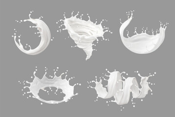 Liquid milk cream or yogurt white splash. Realistic swirl, tornado and corona flow splash with drops and waves, vector 3d dairy drink or farm food product. Isolated milk circle streams set with ripple