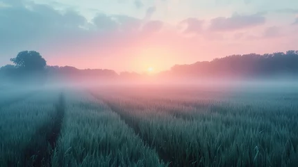 Foto op Plexiglas Serene pastel dawn over a cornfield with soft pink and blue hues © sopiangraphics