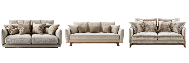 Minimalist Fabric Sofa Set Isolated on Transparent or White Background, PNG