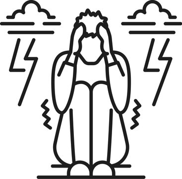 Human astraphobia phobia icon, mental health. Fear of thunder and lightning, mental disorder, people psychology problem thin line symbol or sign with man frightened by thunder