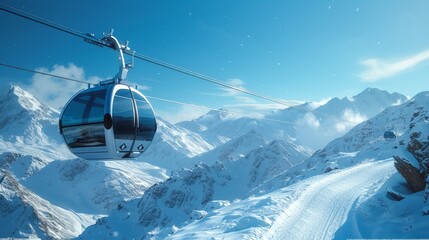 A sleek futuristic cable car ascending a snowy mountain under clear blue skies - obrazy, fototapety, plakaty